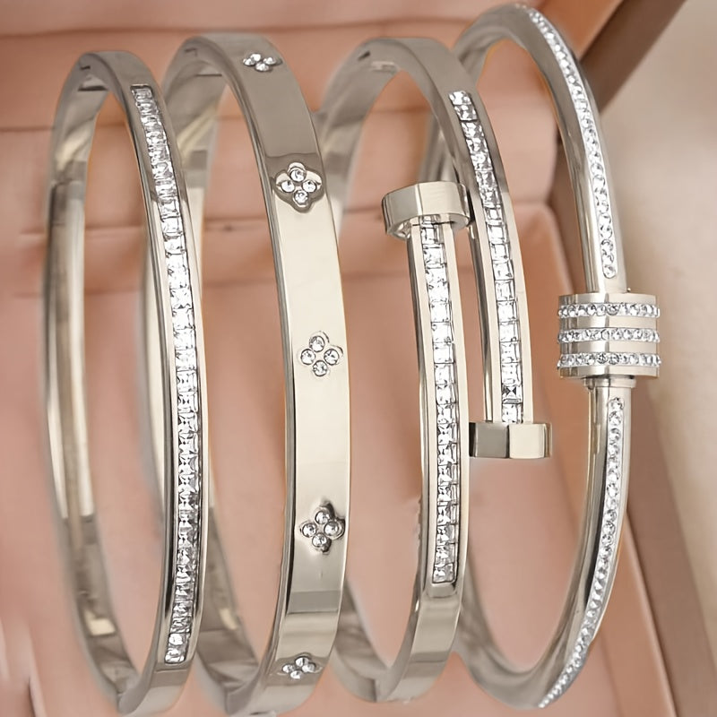 Kit 4 Pulseiras Femininas Elegantes Aço Inoxidável Zircônia Banho Ouro 18K Resistente Água