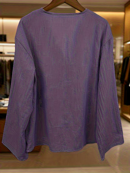 Blusa Feminina Linho Manga 3/4 Decote V com Bordado e Botões Elegante