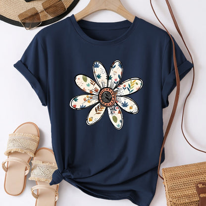 Camiseta Feminina Algodão Estampa Flor Margarida Casual Manga Curta
