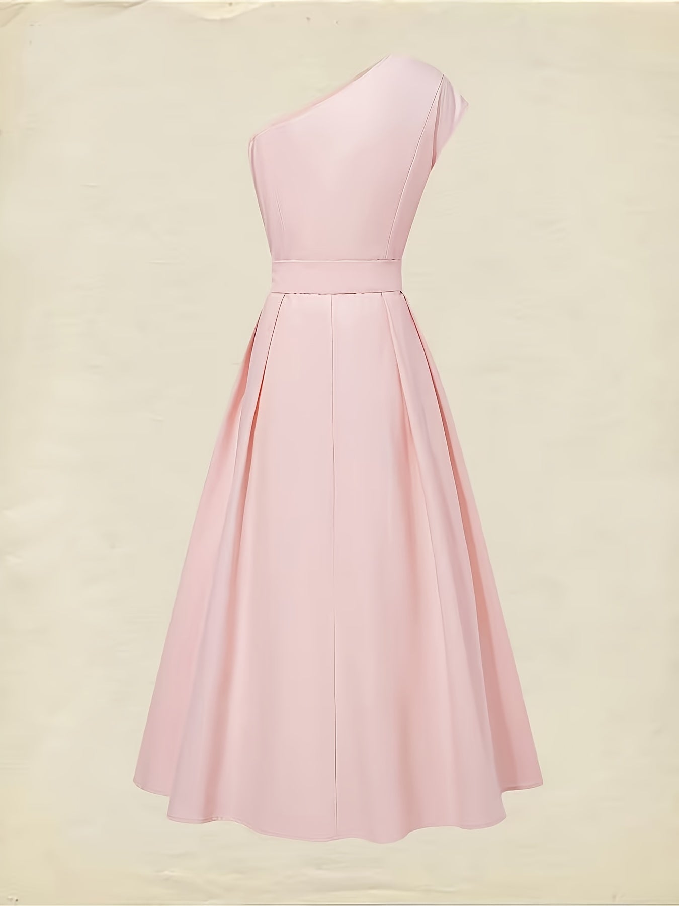Vestido Midi Ombro Único com Cinto e Bolsos Rosa Elegante
