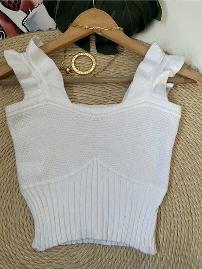 Top Cropped Tricot Feminino com Babados nas Alças Canelado Elegante