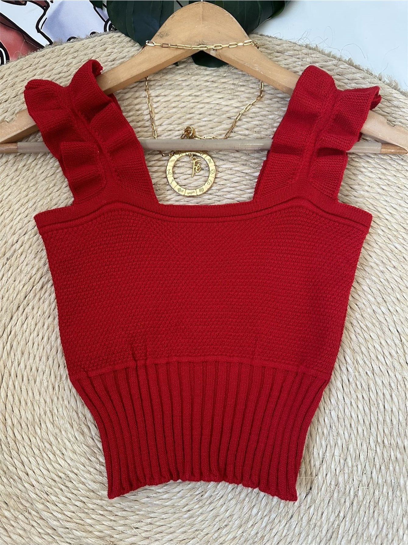 Top Cropped Tricot Feminino com Babados nas Alças Canelado Elegante
