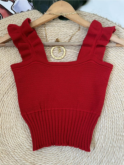 Top Cropped Tricot Feminino com Babados nas Alças Canelado Elegante
