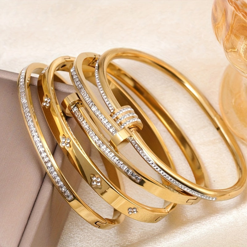 Kit 4 Pulseiras Femininas Elegantes Aço Inoxidável Zircônia Banho Ouro 18K Resistente Água