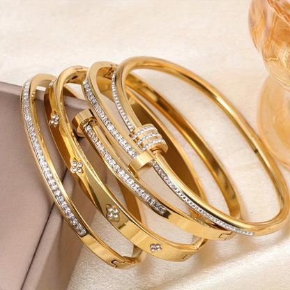 Kit 4 Pulseiras Femininas Elegantes Aço Inoxidável Zircônia Banho Ouro 18K Resistente Água