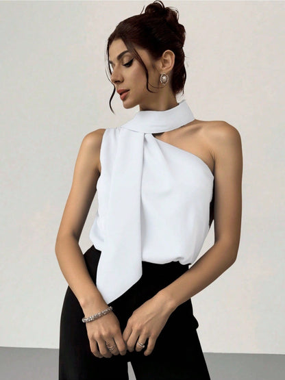 Blusa Feminina Ombro Único com Laço Ajustável Cetim Elegante Festa