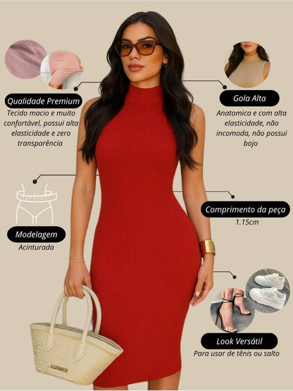 Vestido Midi Tubinho Gola Alta Sem Mangas Canelado Elegante
