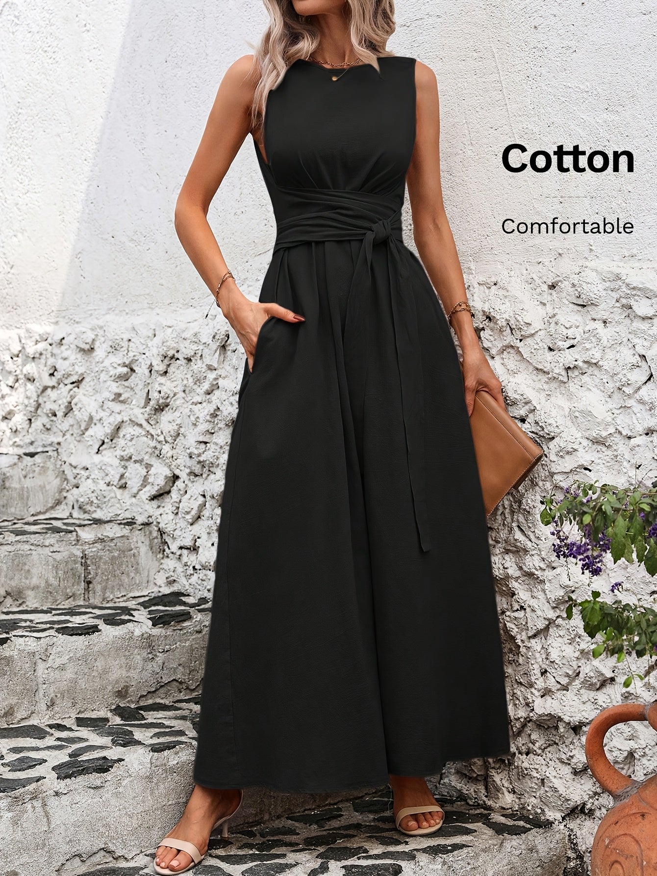 Vestido Casual Sem Mangas com Amarração nas Costas em Cor Sólida
