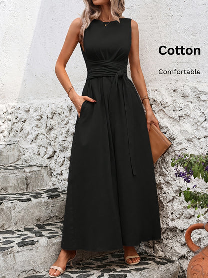 Vestido Casual Sem Mangas com Amarração nas Costas em Cor Sólida