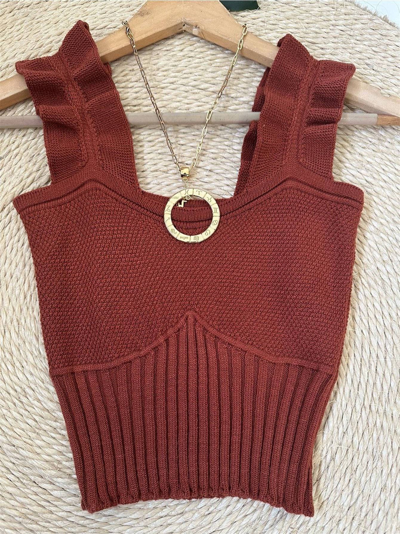 Top Cropped Tricot Feminino com Babados nas Alças Canelado Elegante