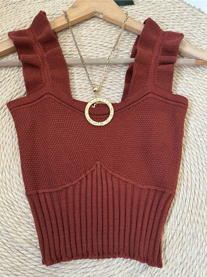 Top Cropped Tricot Feminino com Babados nas Alças Canelado Elegante