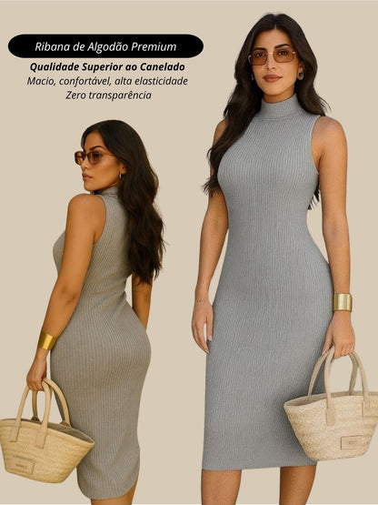 Vestido Midi Tubinho Gola Alta Sem Mangas Canelado Elegante