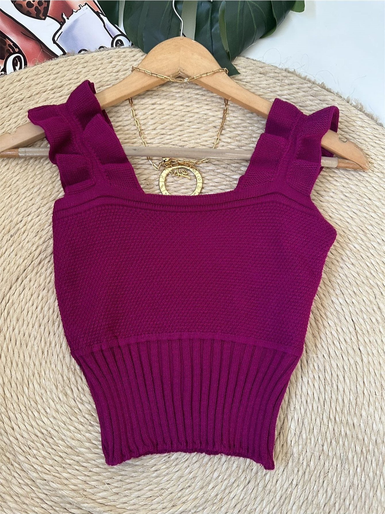 Top Cropped Tricot Feminino com Babados nas Alças Canelado Elegante