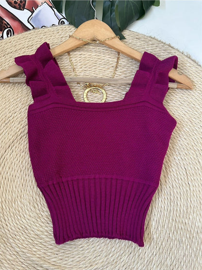 Top Cropped Tricot Feminino com Babados nas Alças Canelado Elegante