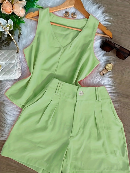 Conjunto Feminino Regata Decote V e Shorts Alfaiataria Casual Verão
