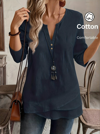 Blusa Feminina Manga 3/4 Decote V com Botões Barra Assimétrica Casual