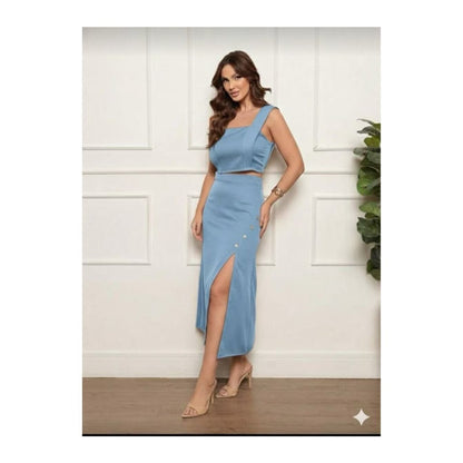 Conjunto Feminino Alfaiataria Top Cropped e Saia Midi com Fenda e Botões