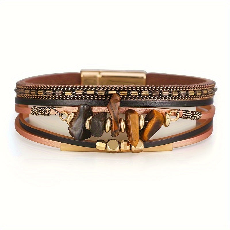 Pulseira Feminina Artesanal Turquesa Irregular Couro Fecho Magnético Boho