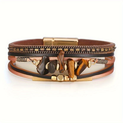 Pulseira Feminina Artesanal Turquesa Irregular Couro Fecho Magnético Boho