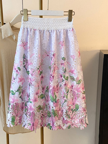 Saia Midi Godê Laise Bordado Floral Branca Romântica Elegante