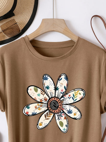 Camiseta Feminina Algodão Estampa Flor Margarida Casual Manga Curta
