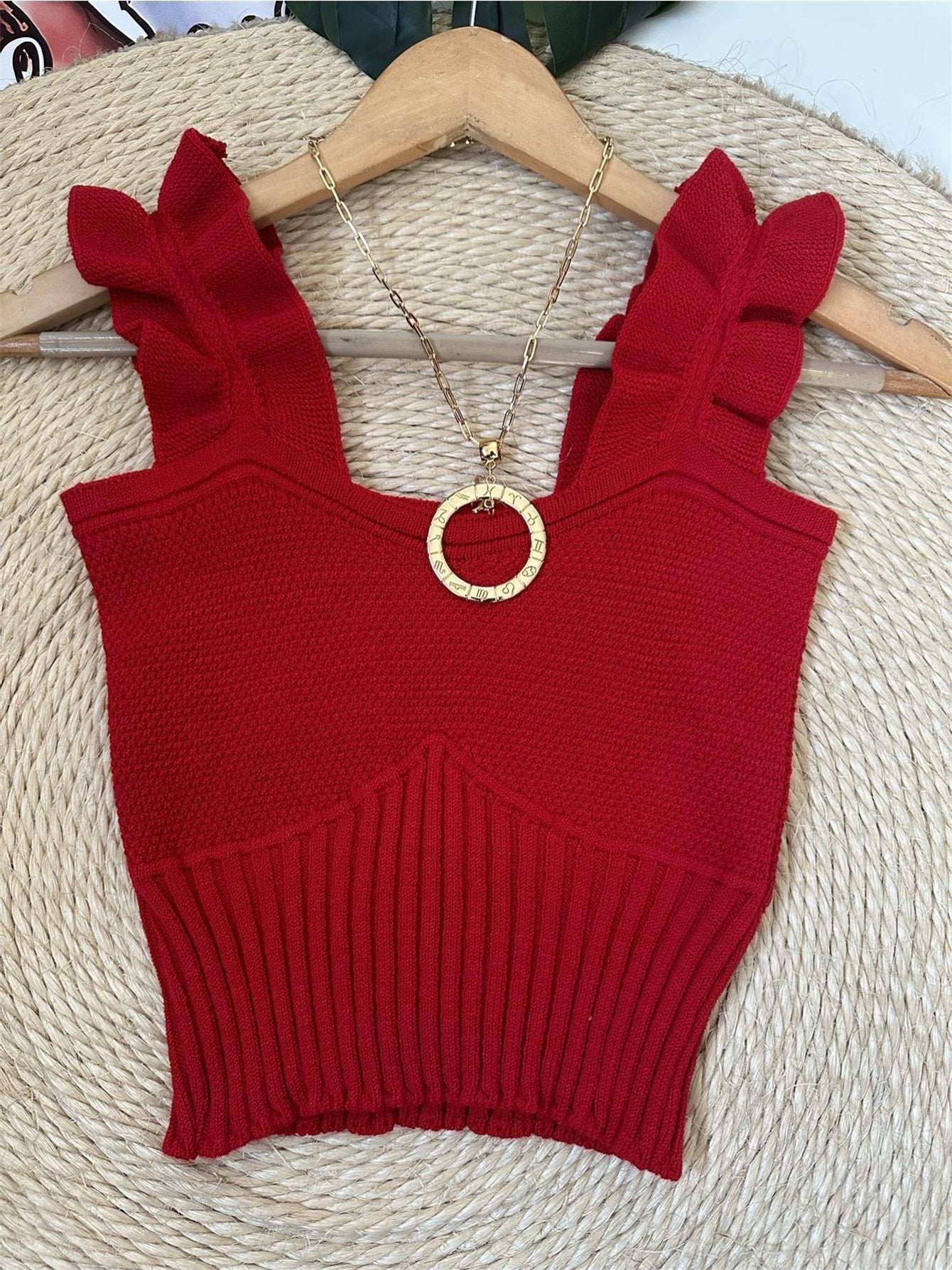 Top Cropped Tricot Feminino com Babados nas Alças Canelado Elegante
