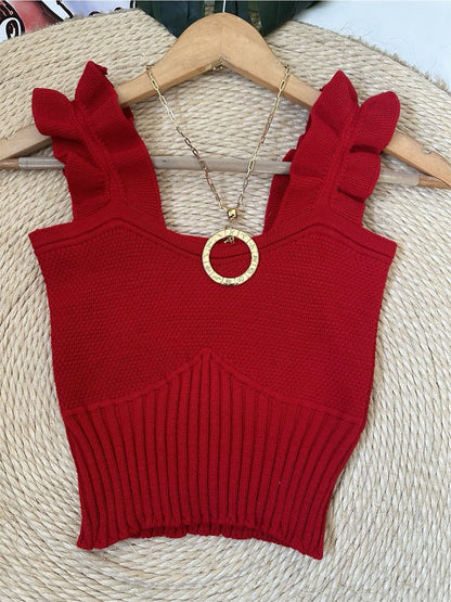 Top Cropped Tricot Feminino com Babados nas Alças Canelado Elegante