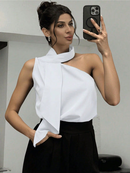 Blusa Feminina Ombro Único com Laço Ajustável Cetim Elegante Festa