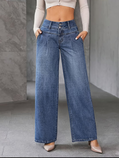 Calça Jeans Pantalona Feminina Cintura Alta Reta Elegante