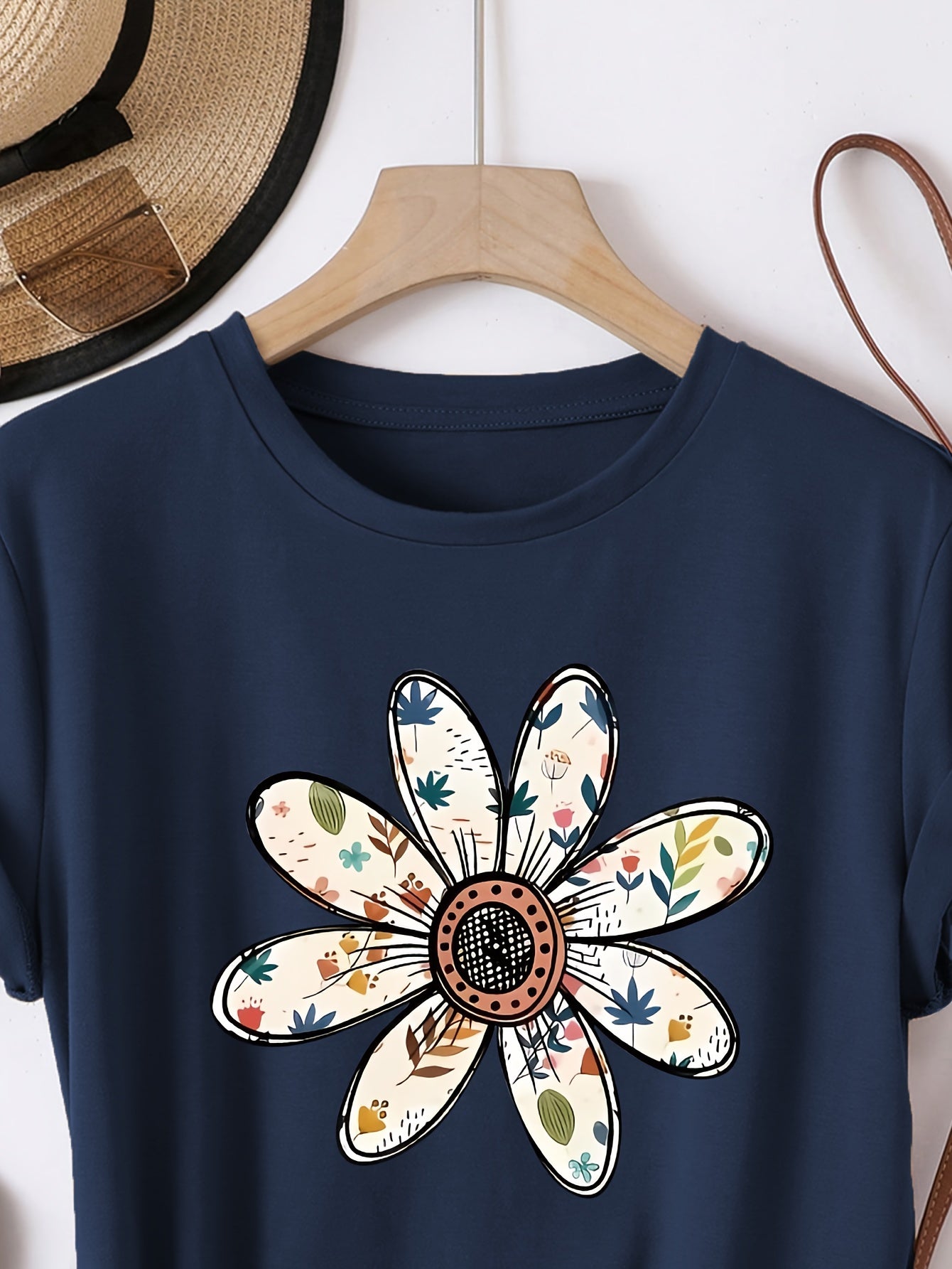 Camiseta Feminina Algodão Estampa Flor Margarida Casual Manga Curta