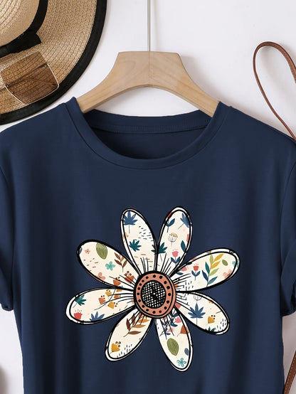 Camiseta Feminina Algodão Estampa Flor Margarida Casual Manga Curta