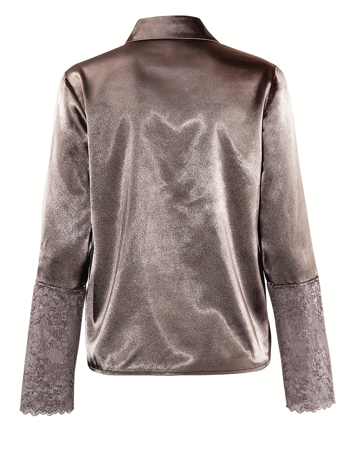 Blusa Feminina Polo Manga Longa Cetim Renda Botões Ajustada Chic