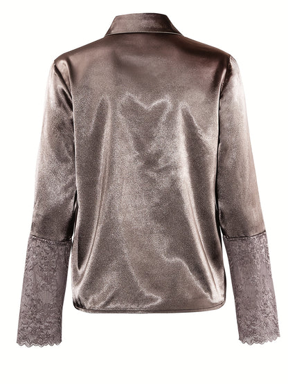Blusa Feminina Polo Manga Longa Cetim Renda Botões Ajustada Chic