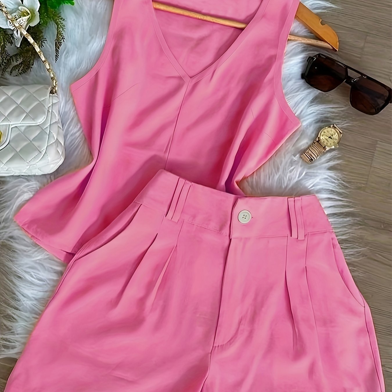Conjunto Feminino Regata Decote V e Shorts Alfaiataria Casual Verão