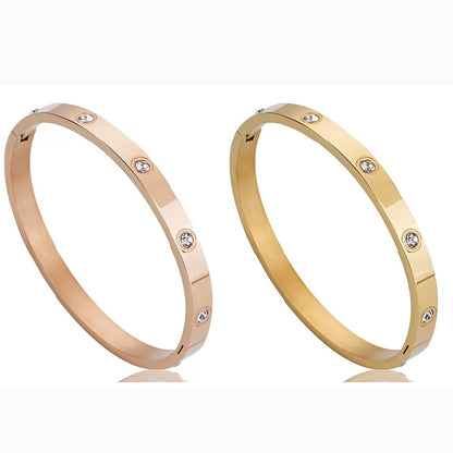 Pulseira Feminina Aço Titânio Zircônia Banho Ouro 18K Clássica Elegante Presente
