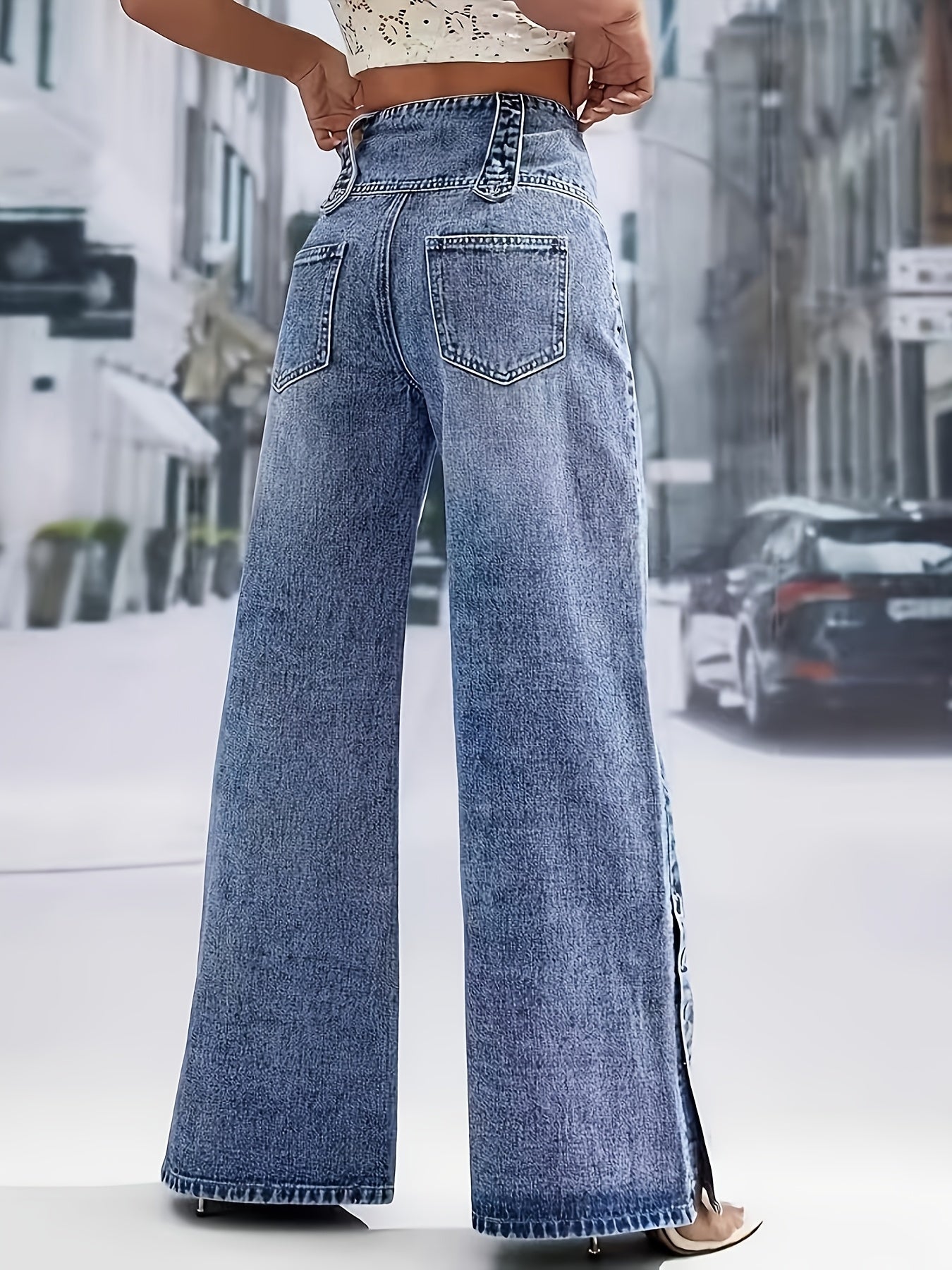 Calça Jeans Pantalona Vintage Cintura Alta com Botões Frontais
