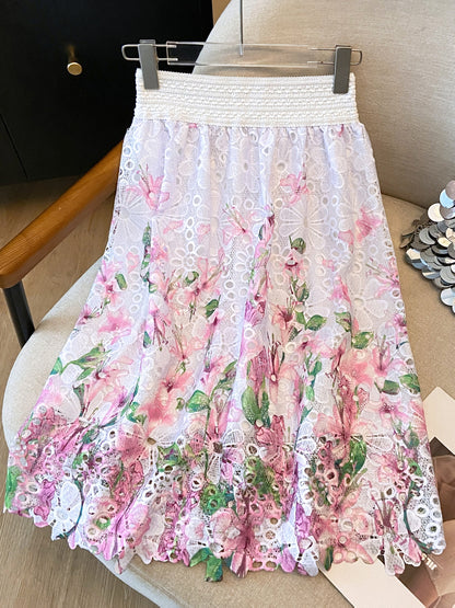 Saia Midi Godê Laise Bordado Floral Branca Romântica Elegante