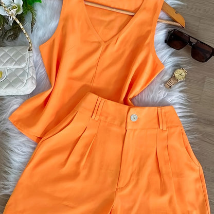 Conjunto Feminino Regata Decote V e Shorts Alfaiataria Casual Verão