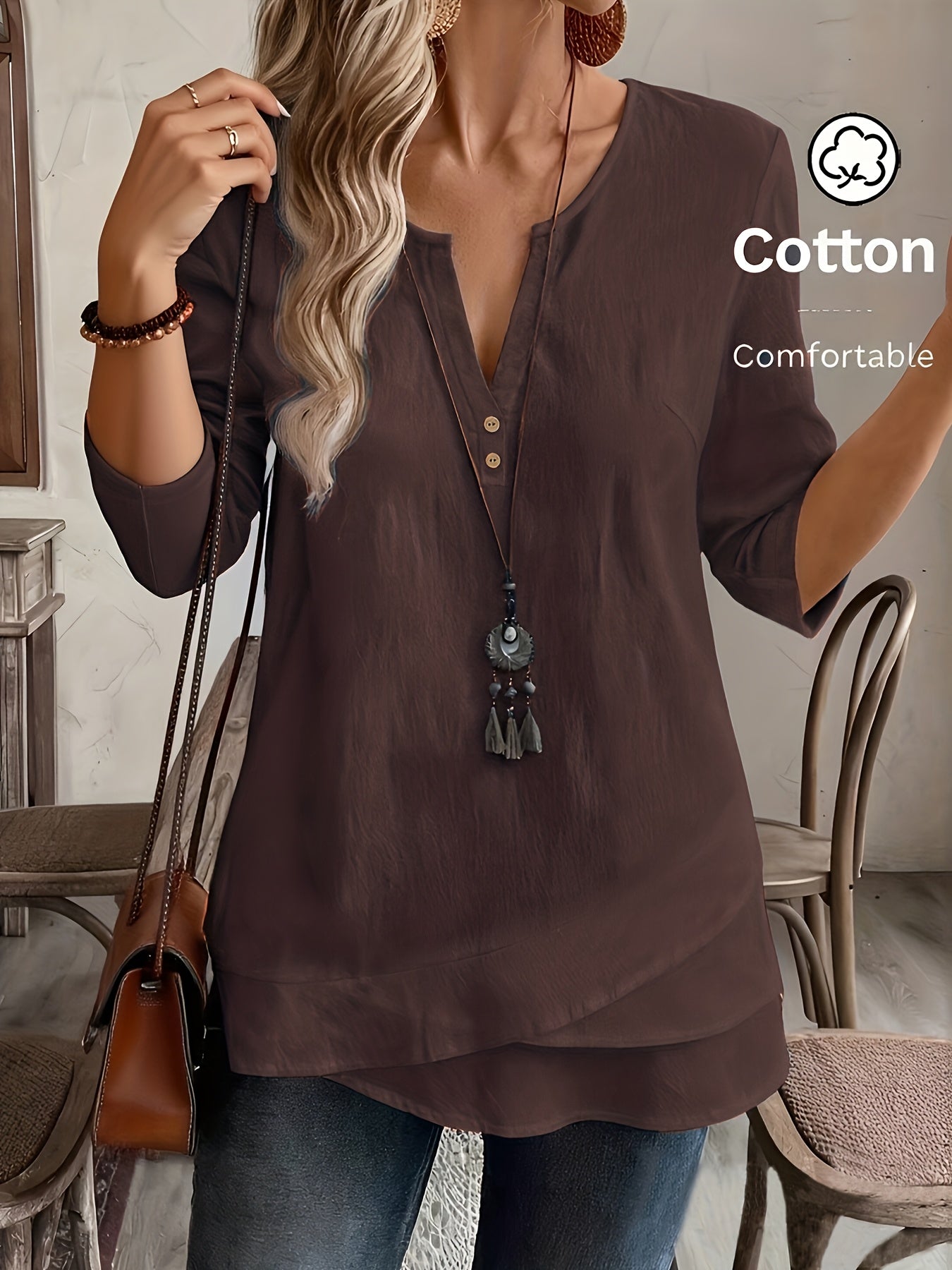 Blusa Feminina Manga 3/4 Decote V com Botões Barra Assimétrica Casual