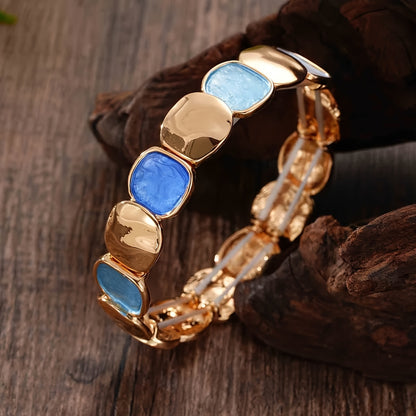 Pulseira Unissex Vintage Elegante Liga Zinco Dourada Elástica Quadrado Irregular