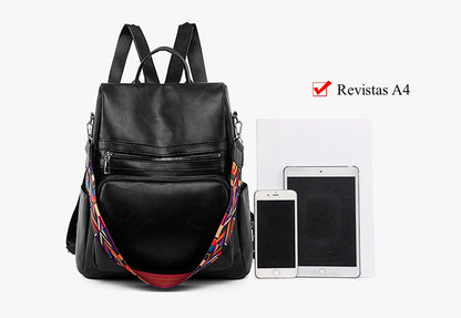 Mochila Feminina Couro Sintético Alça Colorida Trabalho Escola Viagem