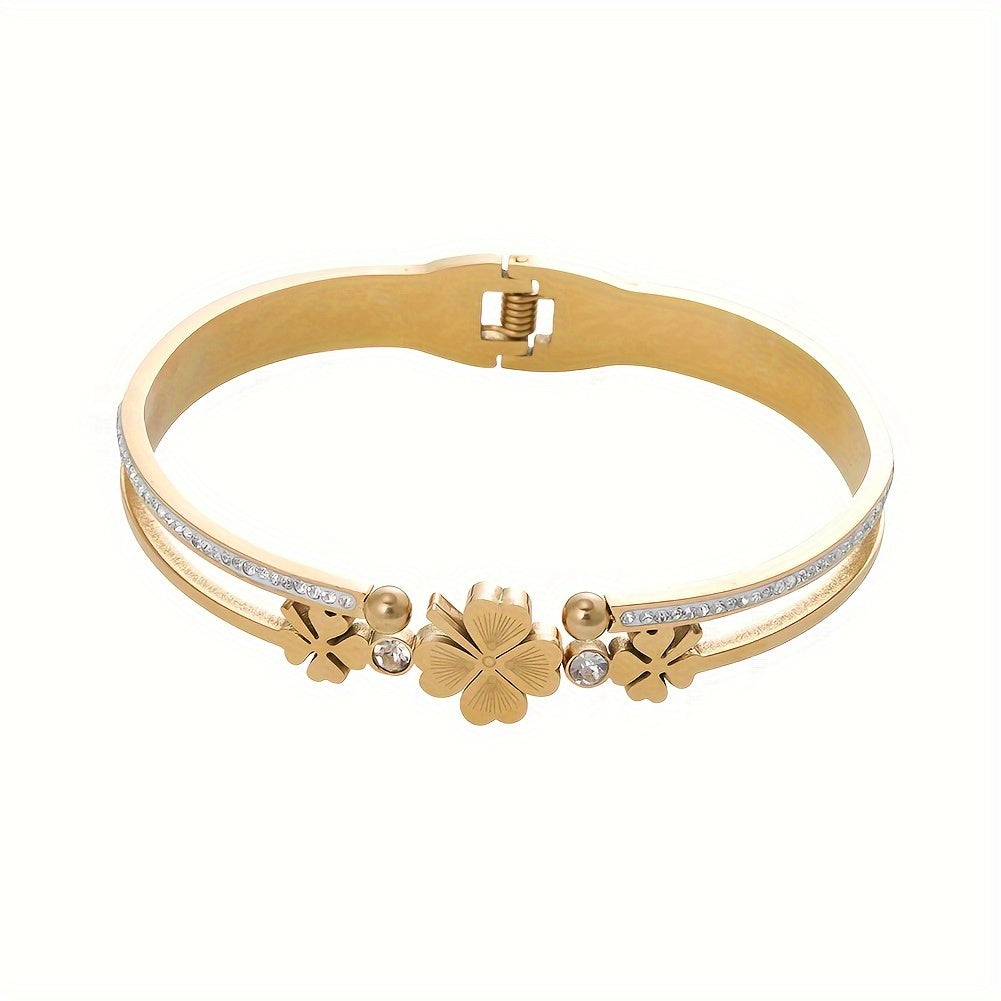 Pulseira Feminina Luxo Aço Inoxidável Abertura Retrô Strass Banho Ouro 18K