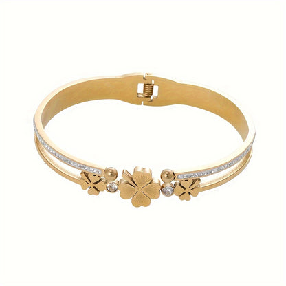 Pulseira Feminina Luxo Aço Inoxidável Abertura Retrô Strass Banho Ouro 18K