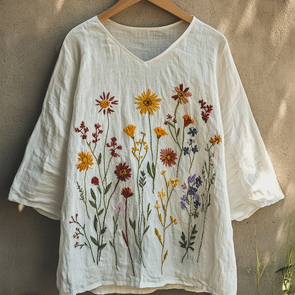 Blusa Feminina Linho Bordado Floral Manga 3/4 Decote V Oversized