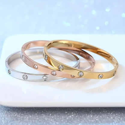 Pulseira Feminina Aço Titânio Zircônia Banho Ouro 18K Clássica Elegante Presente