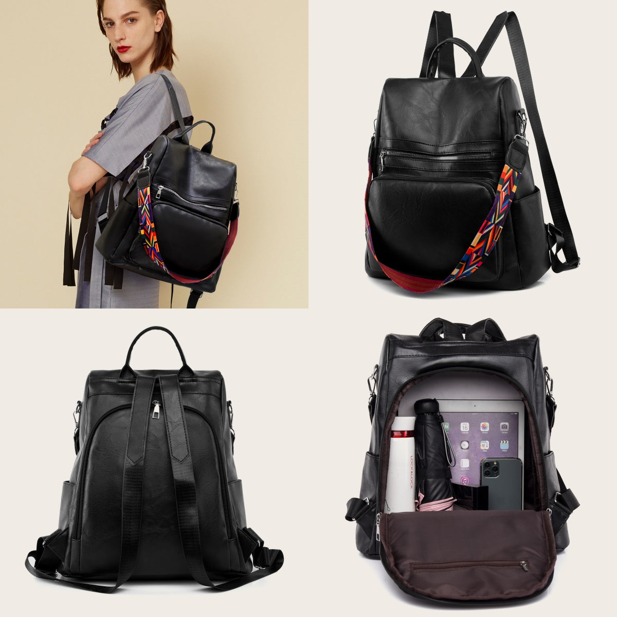 Mochila Feminina Couro Sintético Alça Colorida Trabalho Escola Viagem