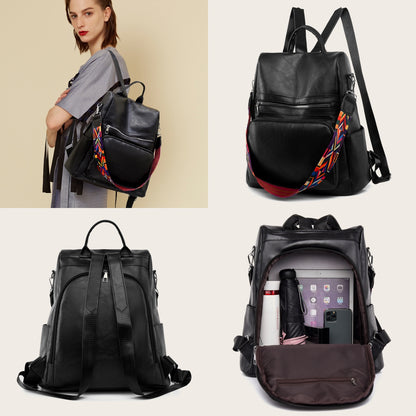 Mochila Feminina Couro Sintético Alça Colorida Trabalho Escola Viagem