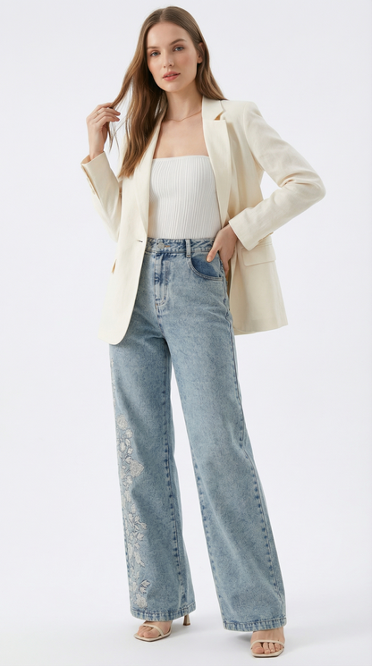 Calça Jeans Wide Leg Bordada com Elastano