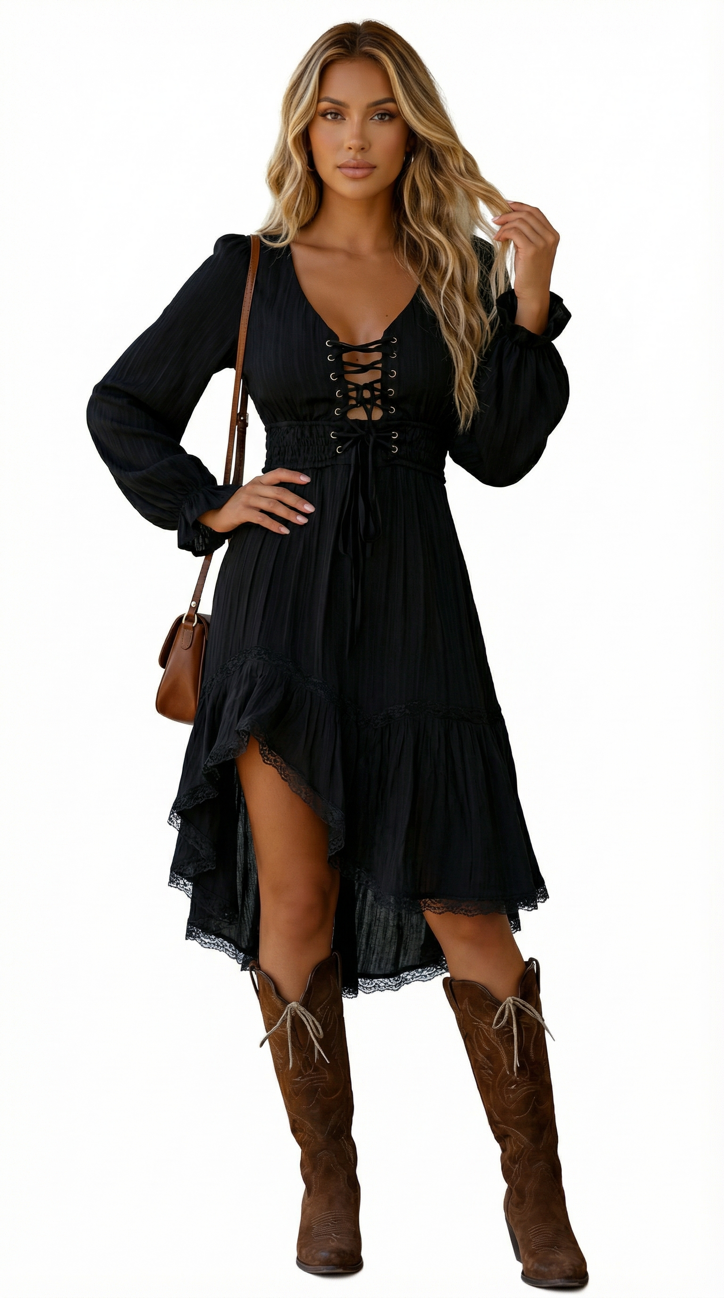 Vestido Feminino Midi Bege Manga Longa Decote V Assimétrico Amarração Cintura Primavera Outono