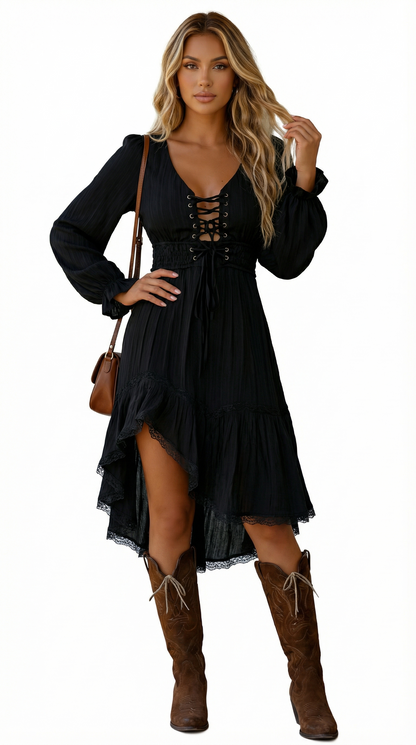 Vestido Feminino Midi Bege Manga Longa Decote V Assimétrico Amarração Cintura Primavera Outono